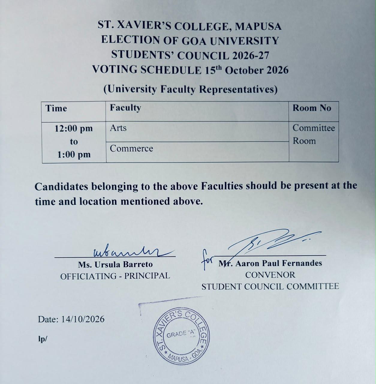 ELECTION OF GOA UNIVERSITY STUDENTS’ COUNCIL 2026-27 VOTING SCHEDULE 15th October 2026 (University Faculty Representatives)